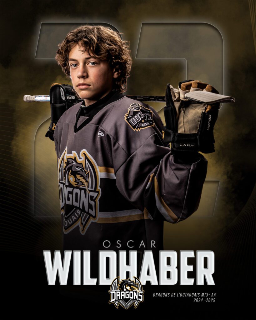 Oscar Wildhaber posing confidently in Dragons hockey uniform with stick and focused game-ready expression.