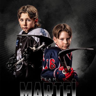 Two young hockey players posing confidently in bold uniforms, showing teamwork, focus, and determination.